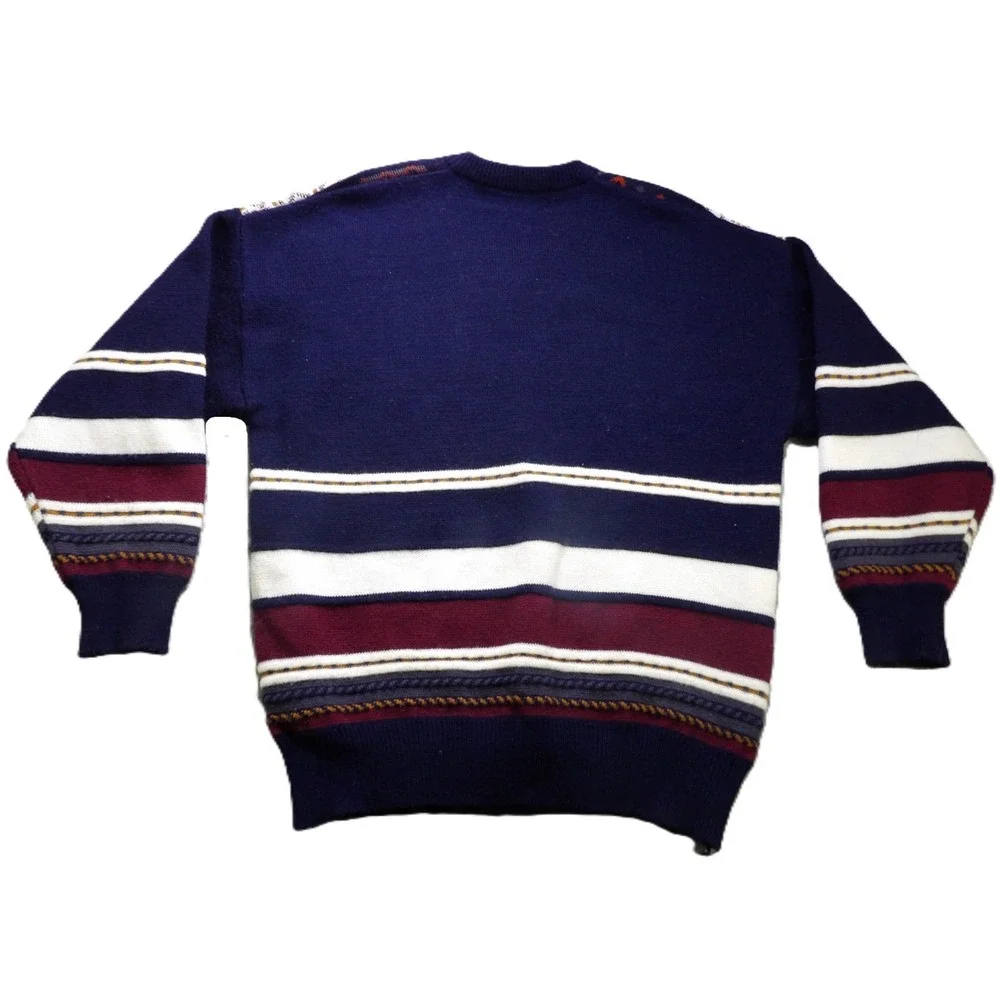 VTG Marc O'Polo 80s V-Neck Geometric Sweater Men 40 Navy Multicolored Wool Knit